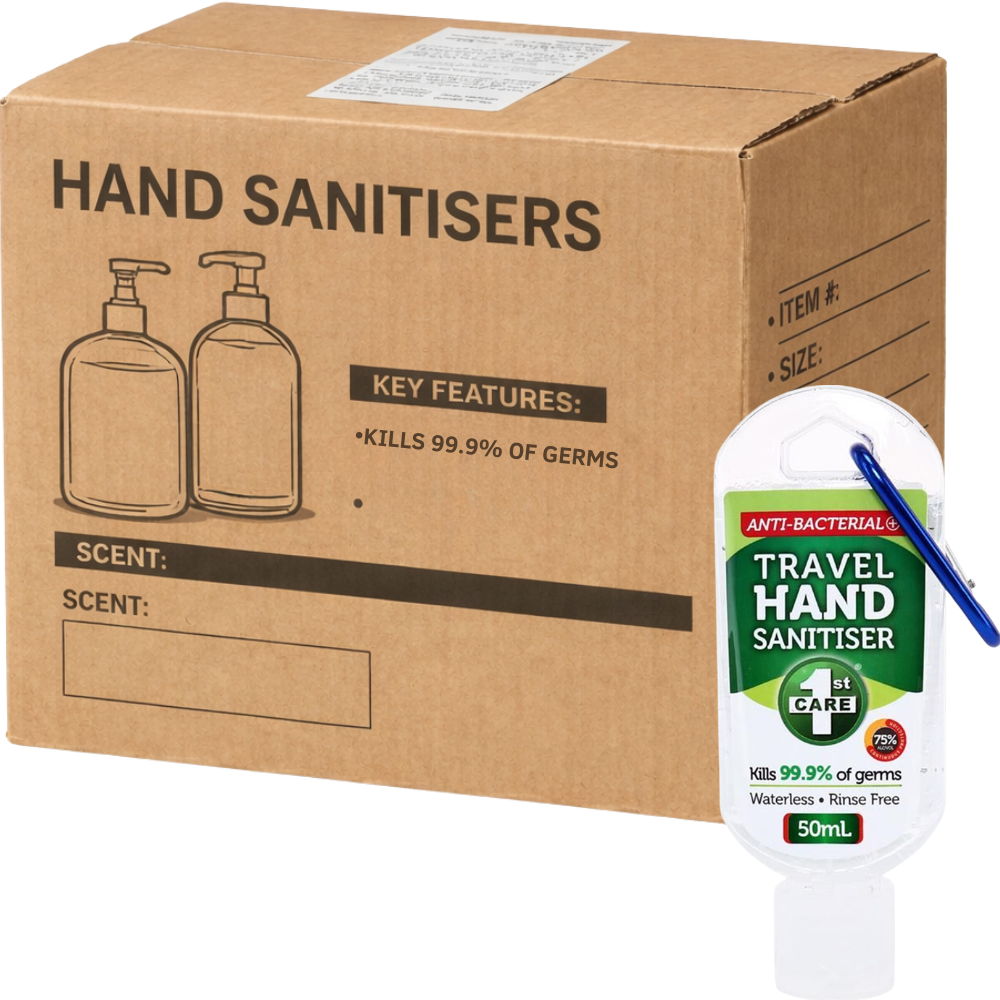 Carton of 72 1st Care Travel Hand Sanitiser With Carabiner Clip Unscented 50m