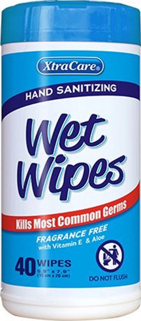40/Pack XtraCare Canister Hand Sanitizing Wet Wipes Fragrance Free with Vitamin E & Aloe