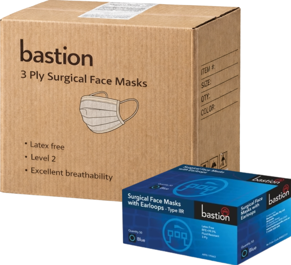 Carton of 1000 pcs Bastion Blue Surgical Face Masks with Earloops Disposable Hygiene Protection