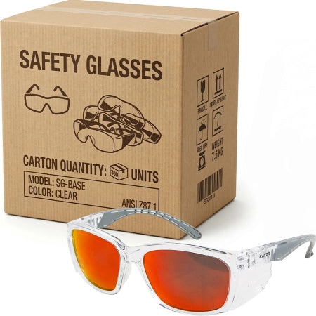 Carton of 120 Rayzr Red Mirror Clear Frame Safety Glasses Polarised Glare Reduction