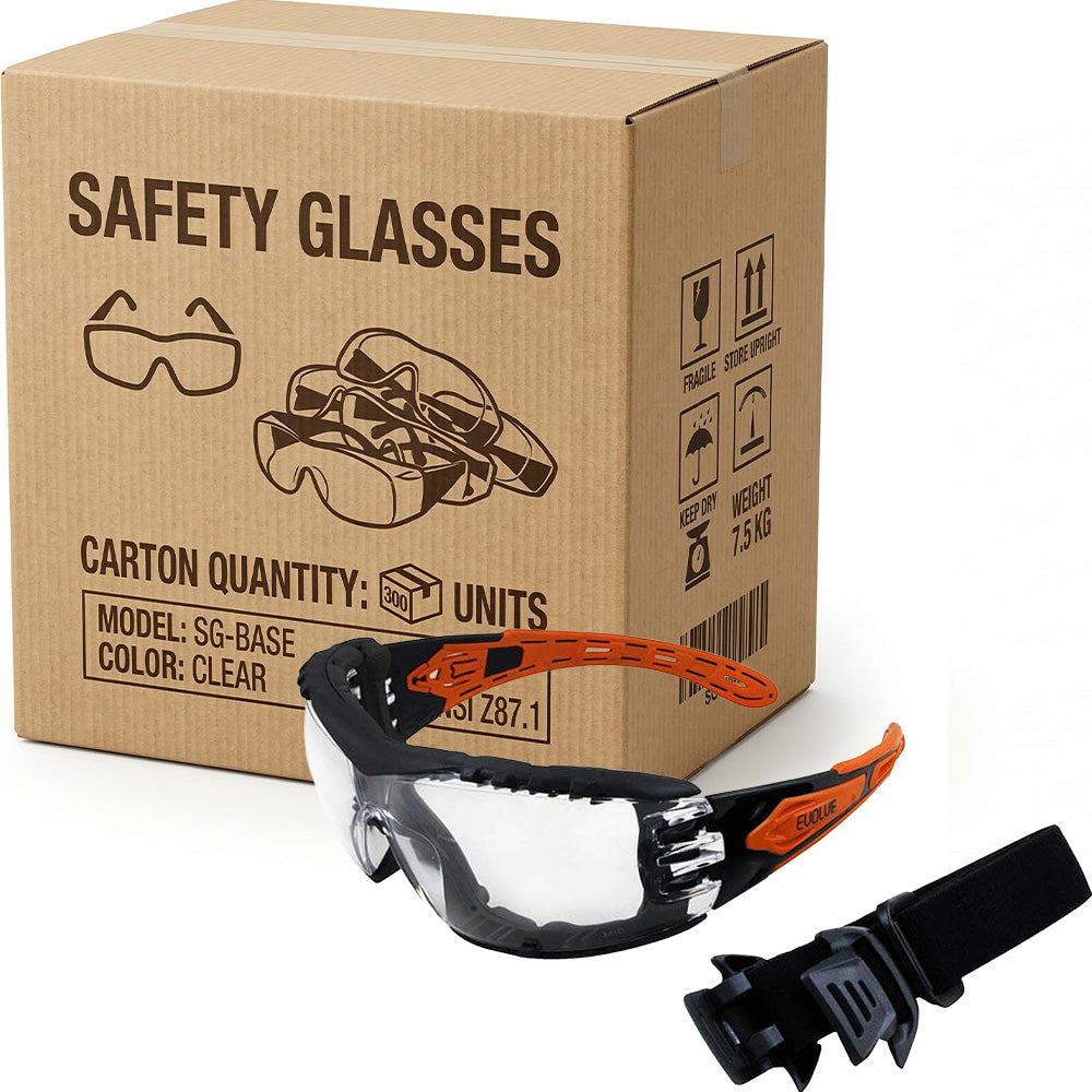Carton of 144 Packs Evolve Clear Safety Glasses with Gasket & Headband