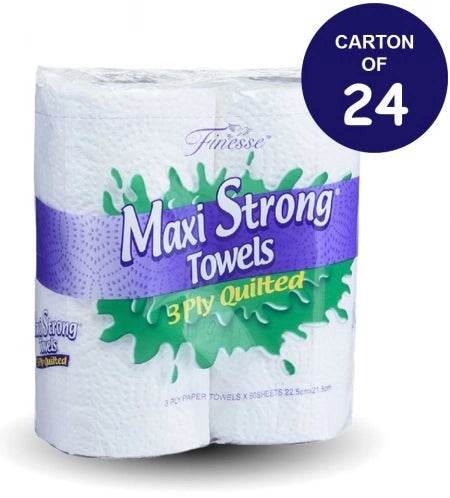 Carton of 24 Finesse Maxi Strong 3-Ply Quilted Kitchen Paper Towels – 60 Sheets per Roll (Premium Option)