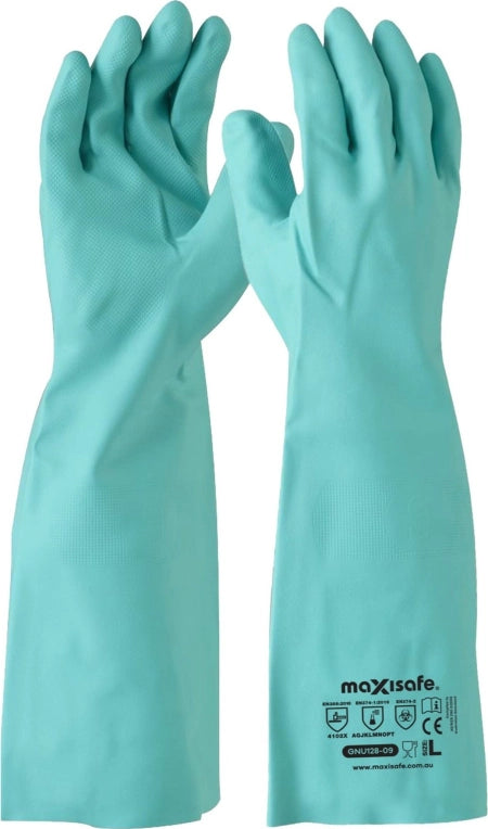 Maxisafe Green Nitrile Chemical Gauntlet 45cm Food Contact Safe GNU128