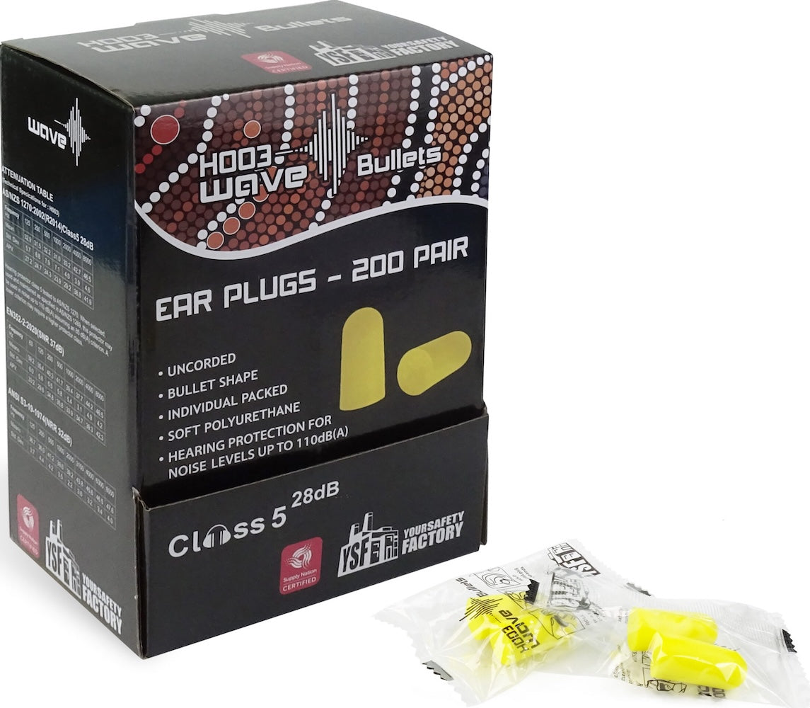 200/Box YSF Uncorded Earplugs 27dB Wave Bullet Individually Packed