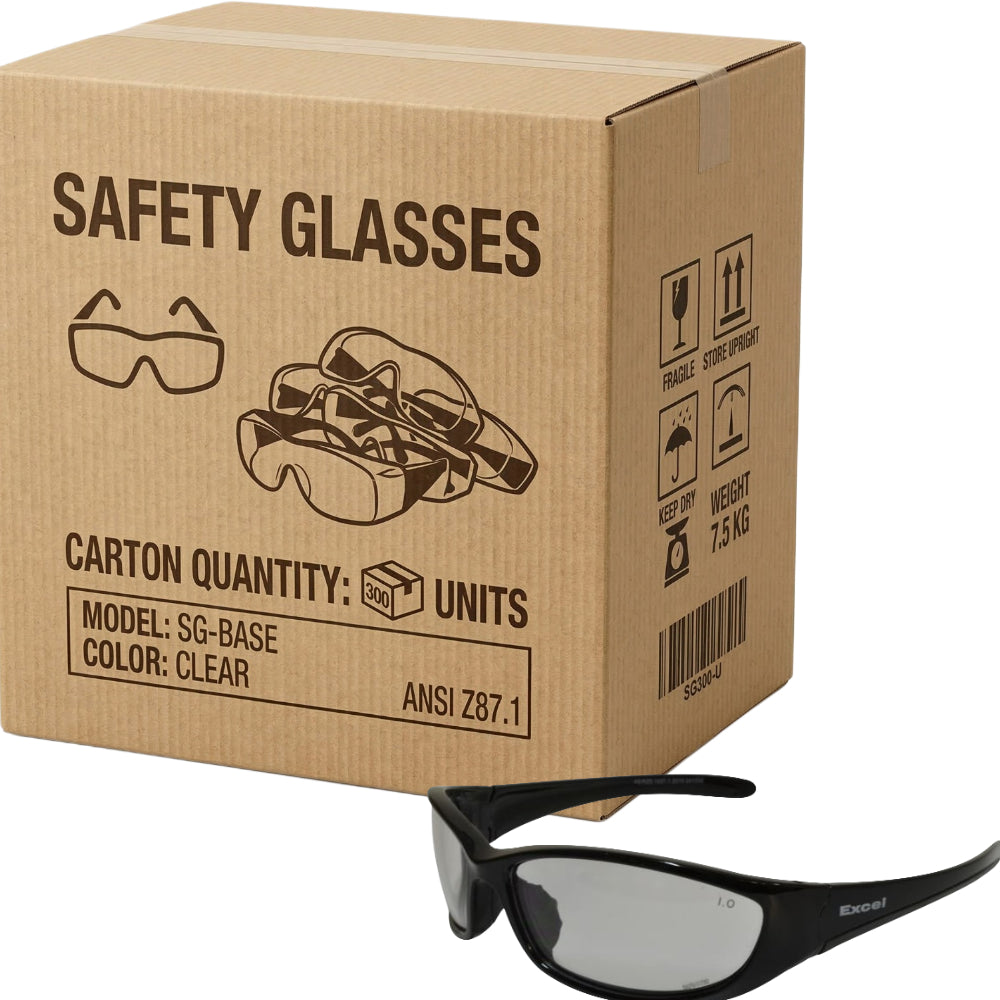 Carton of 300 Packs Excel Clear Safety Glasses Black Frame Lightweight Protection
