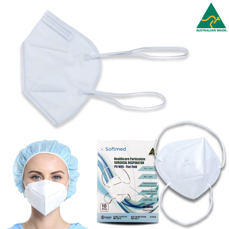 Box of 10 Softmed N95 P2 Respirator Masks Head Loop Level 3 Individually Wrapped Australian Made