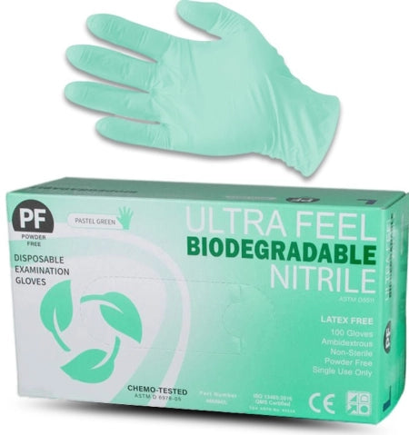 100pk Ultra Feel Pastel Green Biodegradable Nitrile Powder Free Gloves