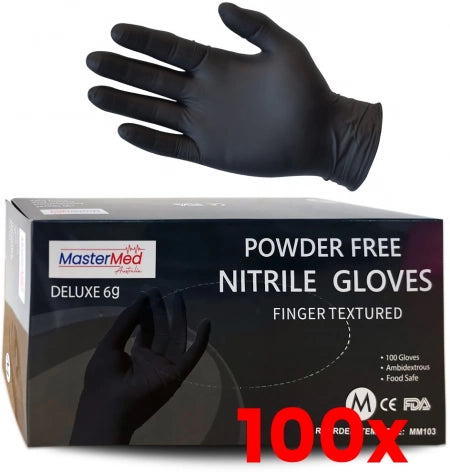 100 X 100pcs Mastermed Black Nitrile Gloves Powder Free 6g Heavy Duty - Large (Shield Right SR1363 may be sent if Mastermed is unavailable)