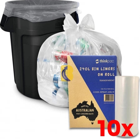 10 X Carton of 100 240L Bin Liners - PCR Natural On Roll 22 micron (Standard Strength)