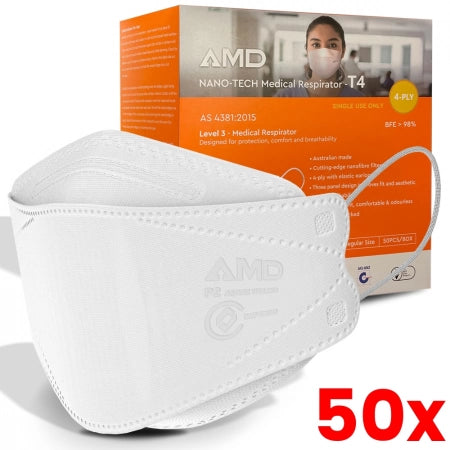 50 X Box of 50 AMD P2 N95 4PLY Nano-tech Flatfold Medical Face Mask Ear Loops Individually Wrapped Australian Made