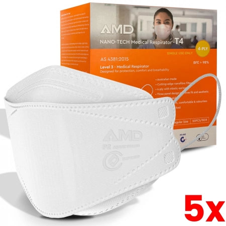 5 X Box of 50 AMD P2 N95 4PLY Nano-tech Flatfold Medical Face Mask Ear Loops Individually Wrapped Australian Made