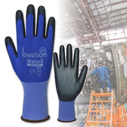 Bastion Mataro Blue Nylon Gloves 18G Black Polyurethane Palm Coating - Small (Size 7)