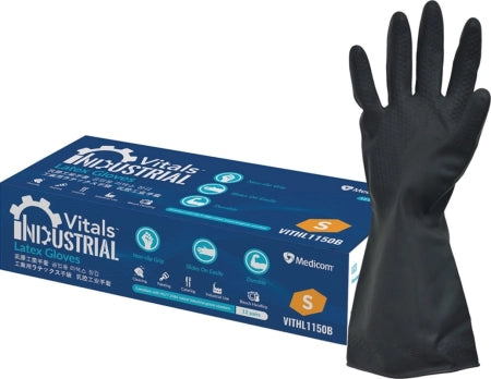 12 Pairs Medicom Vitals Industrial Black Latex Gloves - Small