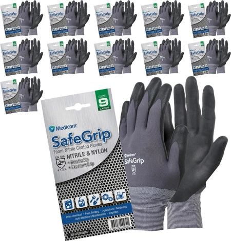 12 Pairs Medicom SafeGrip Foam Nitrile Coated Gloves