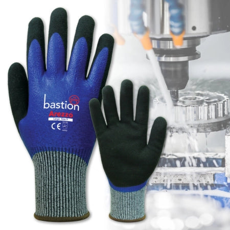 Bastion Arezzo Cut 5 Grey HPPE Gloves Blue Full Nitrile Coating with Black Sandy Foam Nitrile Coating - Small (Size 7)