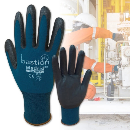 Bastion Madrid Green Nylon/Spandex Gloves 15G Black Micro Foam Flex Nitrile Coating - Small (Size 7)