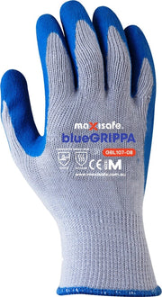 Pack of 12 Maxisafe Blue Grippa Glove Knitted Poly Cotton Blue Latex Dipped Palm (Small)