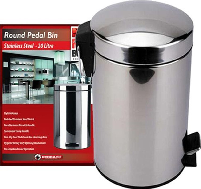 20L Redback Pedal Bin - 44cm - Stainless Steel - 29cm Diameter