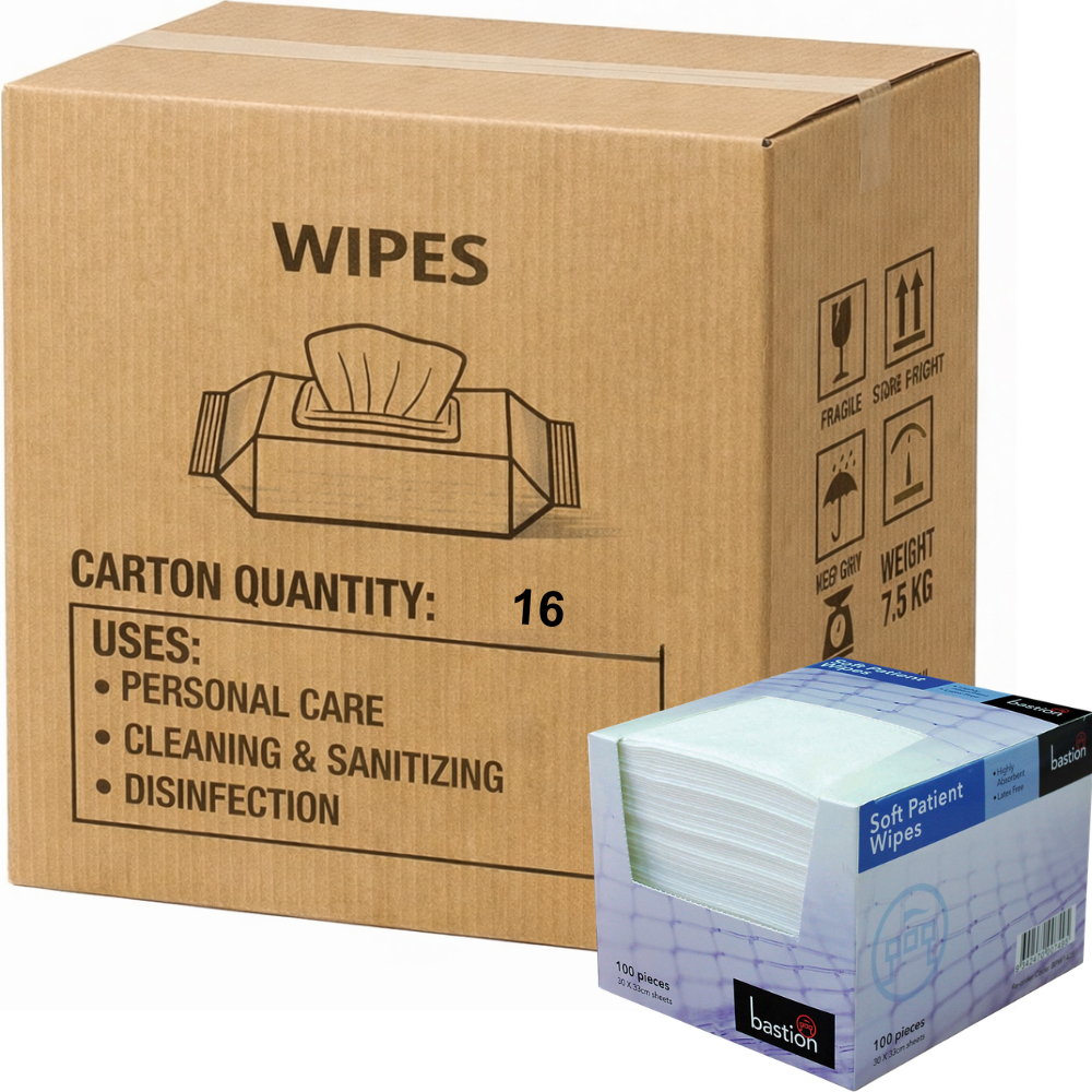 Carton of 8 Boxes Bastion Soft Patient Non-Alcohol Dry Cleaning Wipes (100 Sheets/Box)