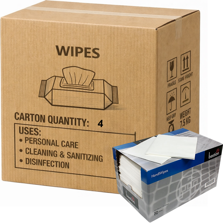 Carton of 4 Bastion Pacific HandiWipes Cleaning Wipes Dry Non-Alcohol Carry Box 65gs