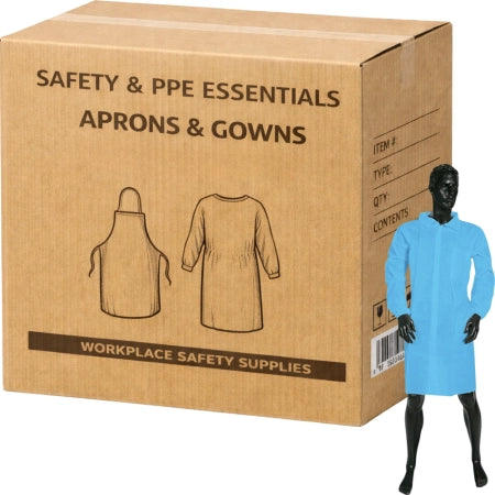 Carton of 50 PP Disposable Blue Lab Coats with Velcro Back Non-Sterile