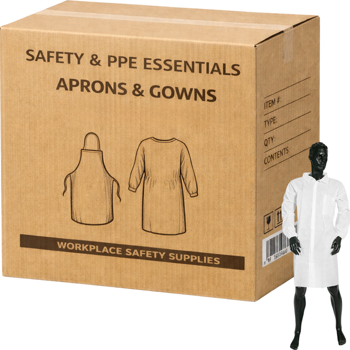Carton of 50 PP Disposable White Lab Coats with Velcro Back Non-Sterile