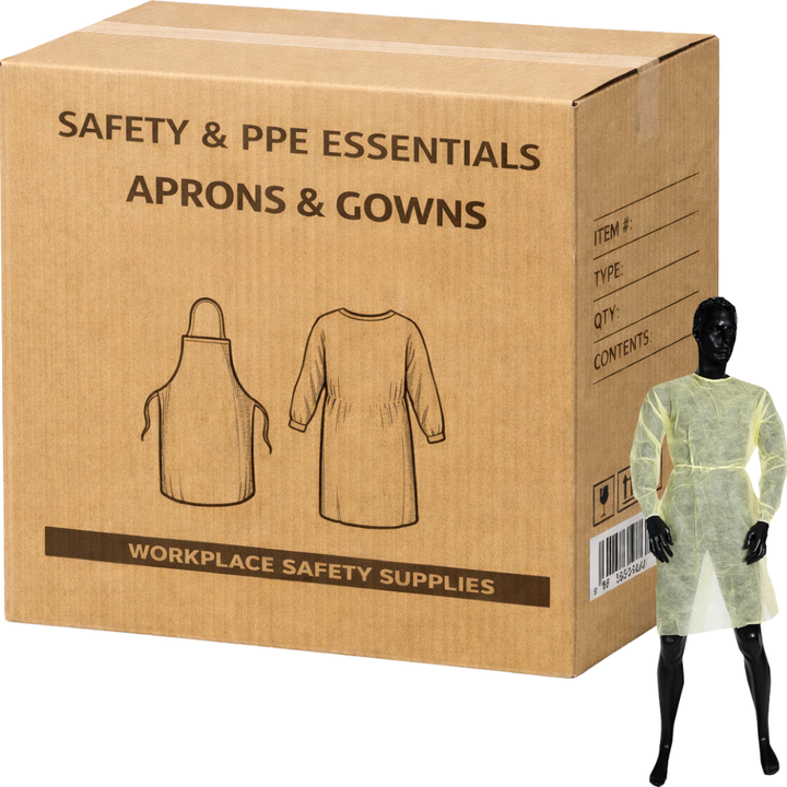 Carton of 50 PP Clinical Yellow Isolation Medical Gown Elastic Cuff Non Sterile