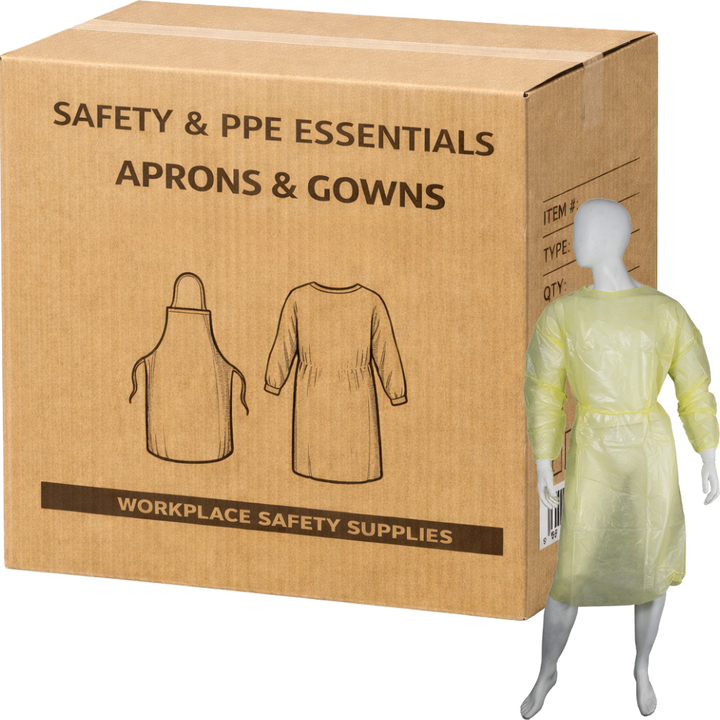 Carton of 50 PP/PE Clinical Isolation Level 4 Medical Gowns Knitted Cuff & Velcro Back Yellow - UNI (S, M, L)