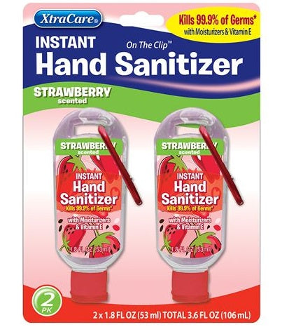 2pack XtraCare 53ml Instant Hand Sanitiser Set Strawberry Scented with Travel Key Chain Clip - exp. 01/03/2023