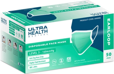 50/Box 3 Ply Ultra Health Level 3 Surgical Face Masks with Ear Loops
