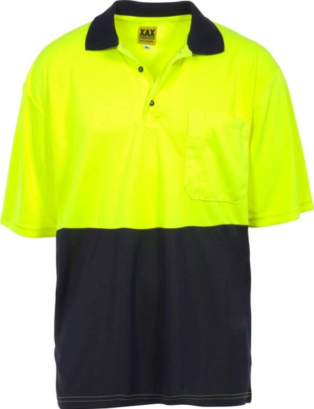 XAX ECO-VIZ S/S Treated Polyester Secura Flap Single Chest Pocket Hi-Viz Polo - Yellow/Navy