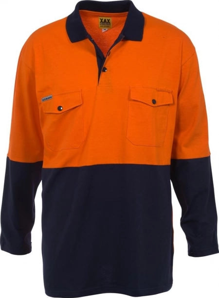 XAX GLOAIRE L/S 100% Cotton Secura Flap Double Chest Pockets Hi-Viz Polo. Vented U'arm - Orange/Navy (Small)