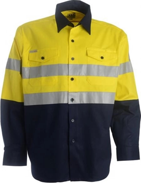 XAX RETROBREEZE L/S Lite Taped Hi-Viz Reflective 150gsm Poplin Vented Shirt - Yellow/Navy