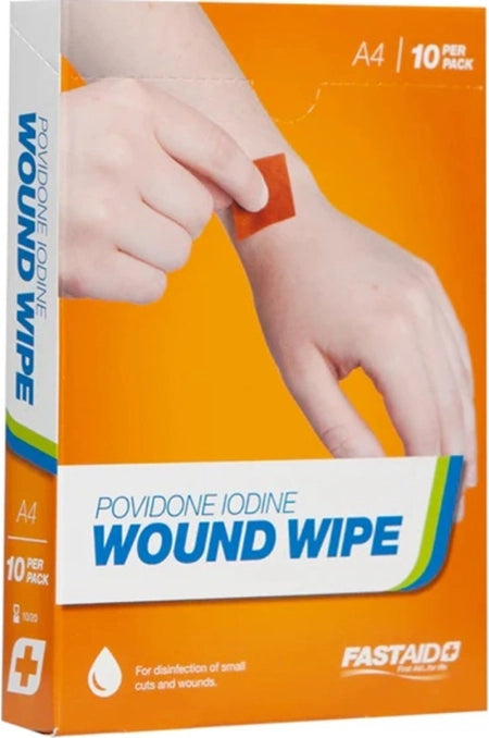 Carton of 10 FastAid A4 Wound Wipe Povidone Iodine Swab