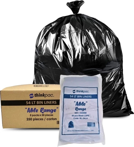Carton of 250 54L Black Bin Liners - Able 18 micron (Medium Strength)