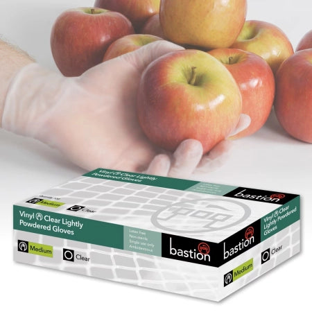 Bastion Vinyl Clear Lightly Powdered Gloves Latex Free Non Sterile Box of 100