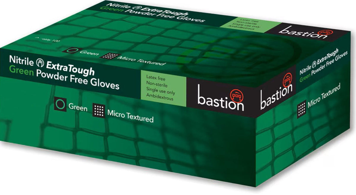 Bastion Nitrile ExtraTough Green Powder Free Gloves Micro Textured Box of 90 - 2