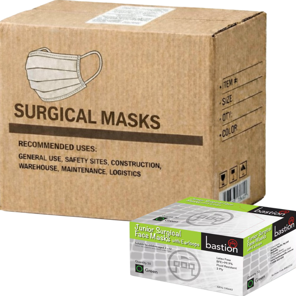 Carton of 1000 Green Junior Surgical Face Mask with Earloops