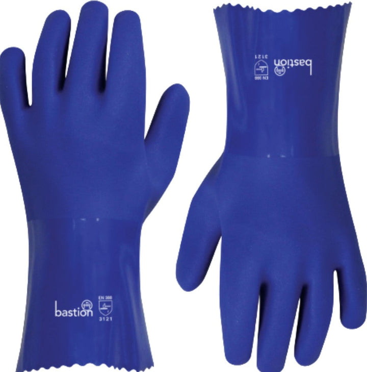 Bastion PVC Gloves 300mm Blue Double Dipped Cotton Lined Rough Palm Grip Size 9