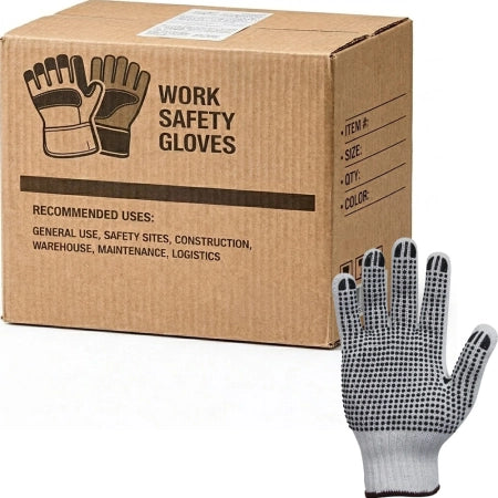 Carton of 240 Pairs Bleached Black Polycotton Gloves with PVC Dots 7 Gauge Ambidextrous Grip