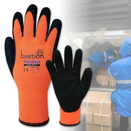Carton of 72 Pairs Modina Cut 3 Orange Acrylic Thermal Gloves 10G Sandy Latex Palm Size 8