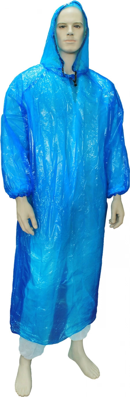 Carton of 200 Blue Polyethylene Poncho with Hood One Size Fits Al