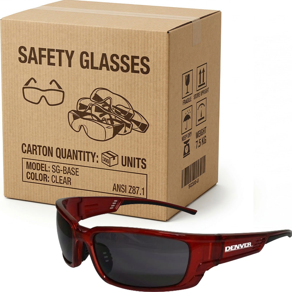 Carton of 300 Denver Red Frame Smoke Safety Glasses UV Protection