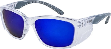 Carton of 120 Rayzr Blue Mirror Clear Frame Safety Glasses Polarised Glare Reduction