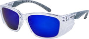 Carton of 120 Rayzr Blue Mirror Clear Frame Safety Glasses Polarised Glare Reduction