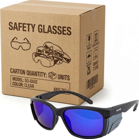 Carton of 120 Rayzr Blue Mirror Black Frame Safety Glasses Polarised Glare Reduction