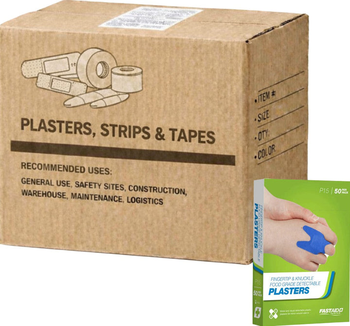 Carton of 10 FastAid P15 Food Grade Plasters Metal and Visual Detectable Fingertip and Knuckle