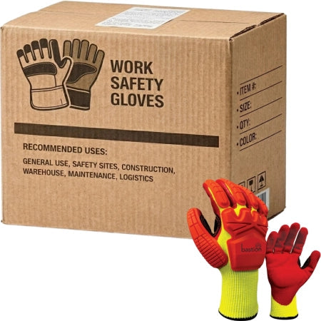 Carton of 72 Pairs Tellaro Cut E Hi-Vis Impact Resistant Gloves 15G Red Foam Nitrile Palm with Padding Size 7