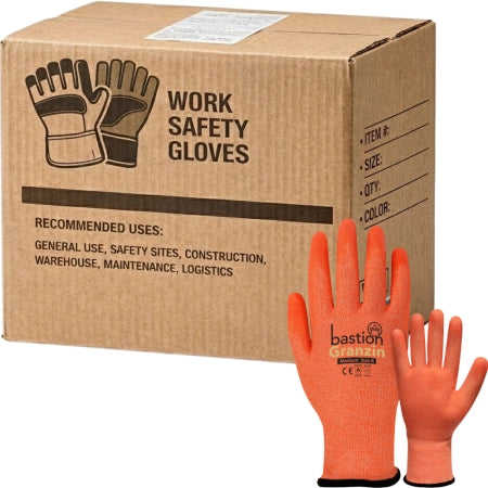 Carton of 60 Pairs Granzin Hi-Vis Orange Cut 5 HPPE Gloves 13G Clear Silicone Palm Coated Size 8