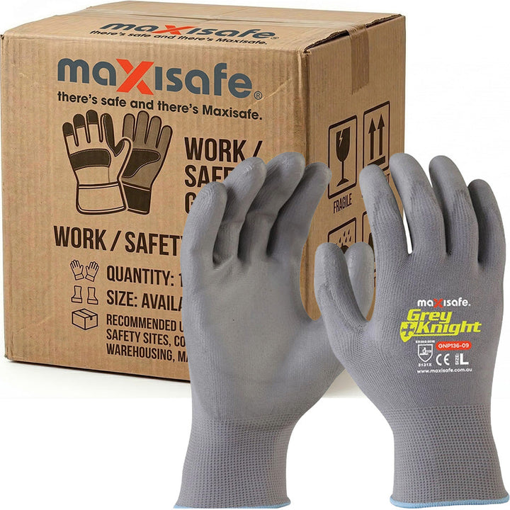 Carton of 120 Maxisafe Grey Knight Nylon PU Coated Nylon Glove - XSmall